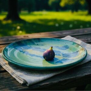 Mark Huff Studio Pottery Plate Green/Blue Drip Glaze, Hand-Thrown Stoneware